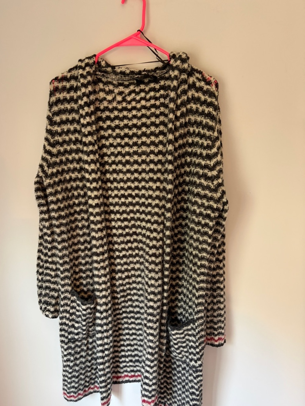 Black and Cream Open-Front Knit Cardigan with Subtle Red Trim